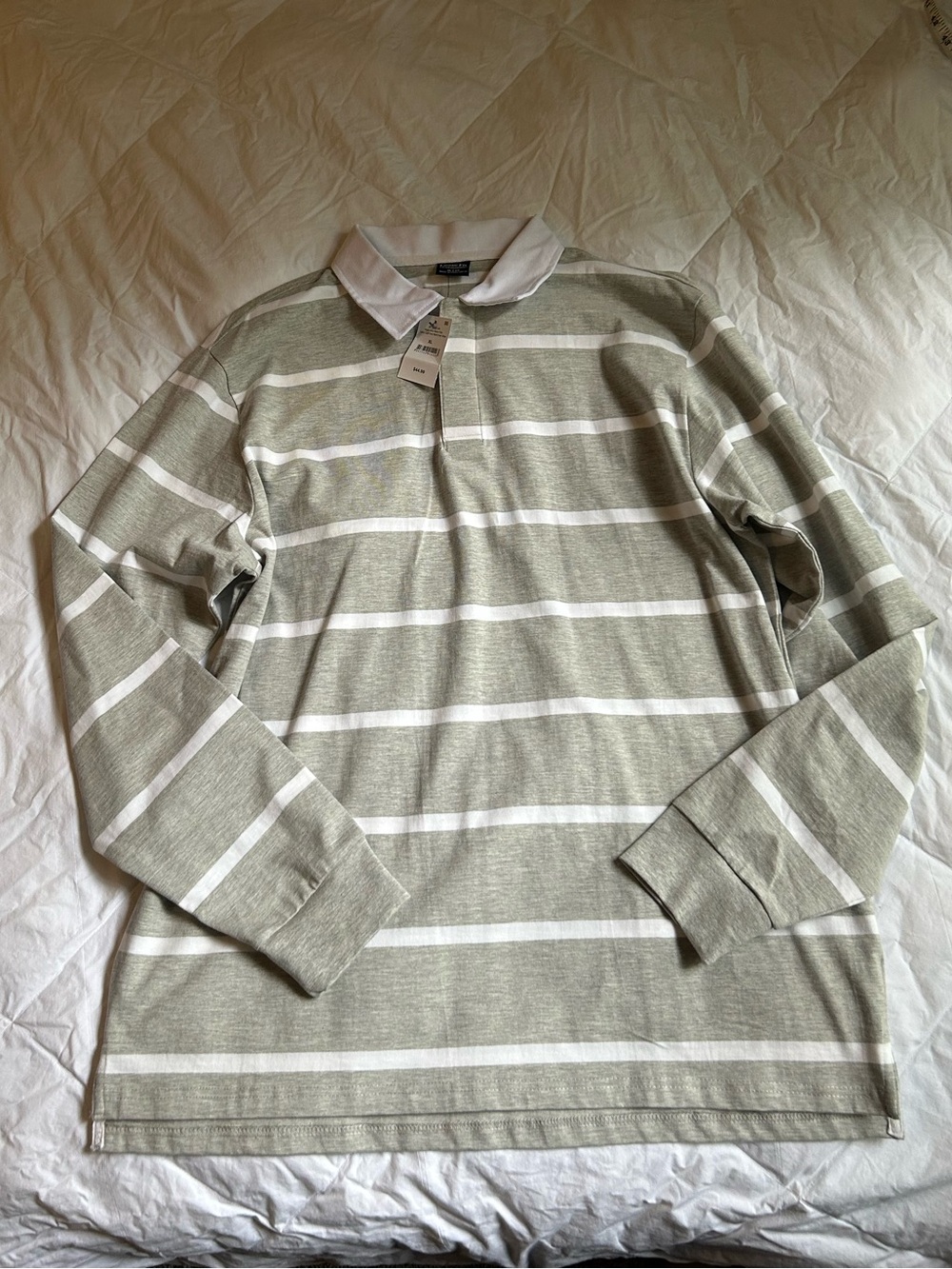Long-Sleeve Striped Polo Shirt in Light Olive and White